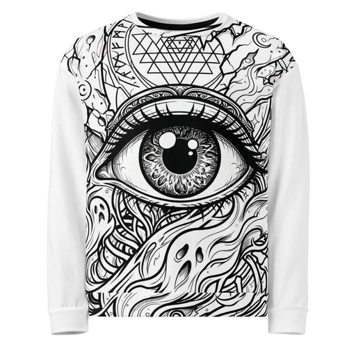 Eternal Watcher all-over sweatshirt with monochromatic eye design, cosmic horror and sacred geometry motifs, darkwear streetwear style