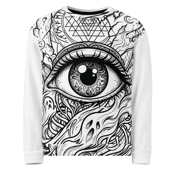 Eternal Watcher all-over sweatshirt with monochromatic eye design, cosmic horror and sacred geometry motifs, darkwear streetwear style