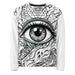 Eternal Watcher all-over sweatshirt with monochromatic eye design, cosmic horror and sacred geometry motifs, darkwear streetwear style