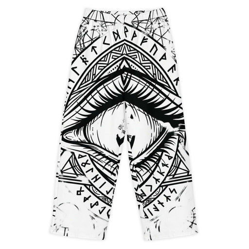 Wide-leg pants with Abyss Seal design featuring ritual eye, sacred geometry, and ancient runes in monochrome streetwear style