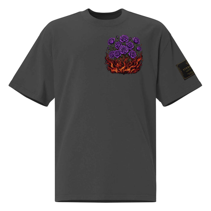 Infernal Bloom oversize T-shirt with dark roses and fiery floral design in faded vintage style