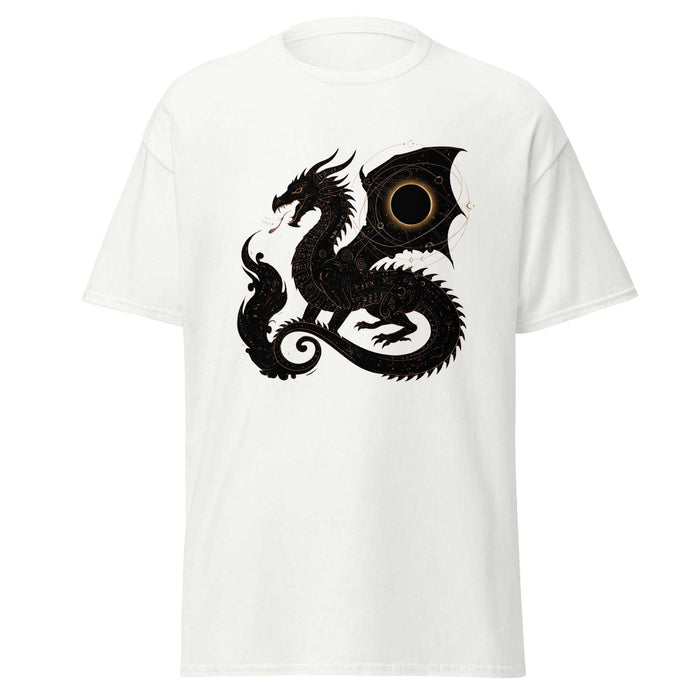 White classic tee with black cosmic eclipse dragon design, dark fantasy streetwear style