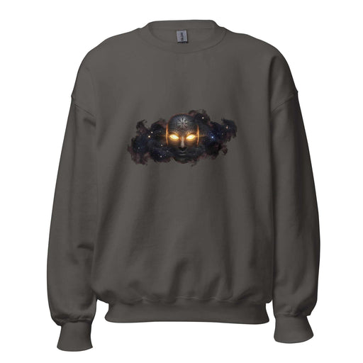 Unisex sweatshirt with Cosmic Entity design featuring an ancestral face emerging from a dark nebula with glowing eyes, minimalistic yet intense cosmic horror aesthetic.