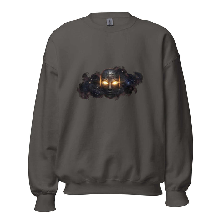Unisex sweatshirt with Cosmic Entity design featuring an ancestral face emerging from a dark nebula with glowing eyes, minimalistic yet intense cosmic horror aesthetic.