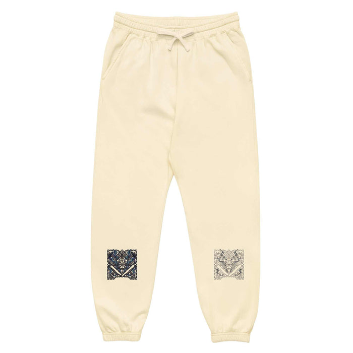 Twin Sigils garment-dyed fleece sweatpants with minimalistic sacred geometry symbols on each leg and relaxed fit.