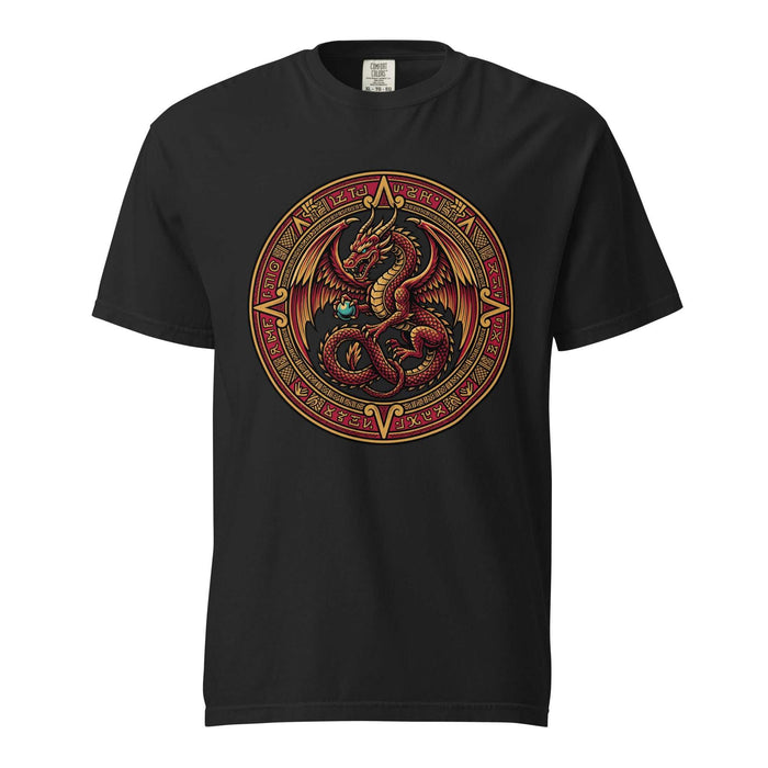 Crimson Dragon Sigil design on garment-dyed heavyweight tee with crimson and gold dragon emblem on dark fabric