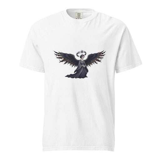 Fallen Seraph garment-dyed heavyweight tee with minimalist fallen angel design, black wings, and broken halo on soft vintage cotton fabric.
