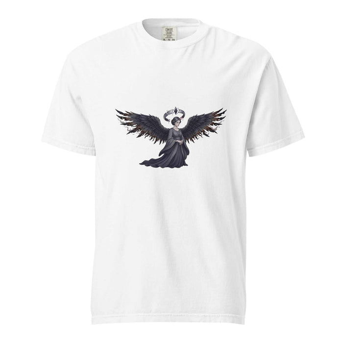 Fallen Seraph garment-dyed heavyweight tee with minimalist fallen angel design, black wings, and broken halo on soft vintage cotton fabric.