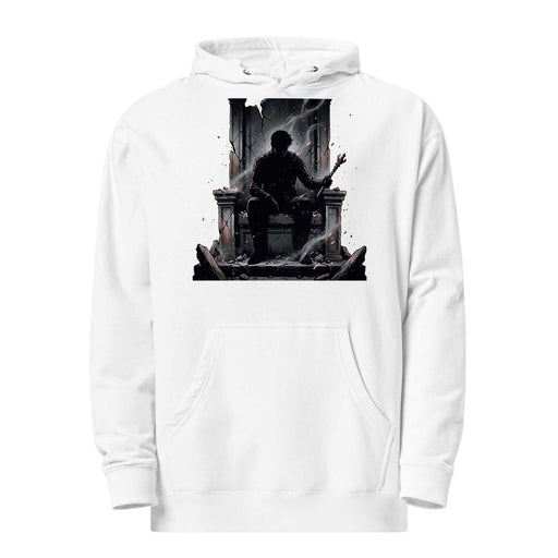 Throne of Shadows midweight hoodie with dark fantasy design of shadowy figure on a broken throne, soft cotton blend and luxury streetwear style