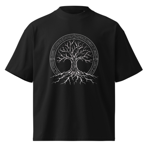 Camiseta oversize Árbol del Vacío diseño rúnico en algodón orgánico estilo dark fantasy minimalista.