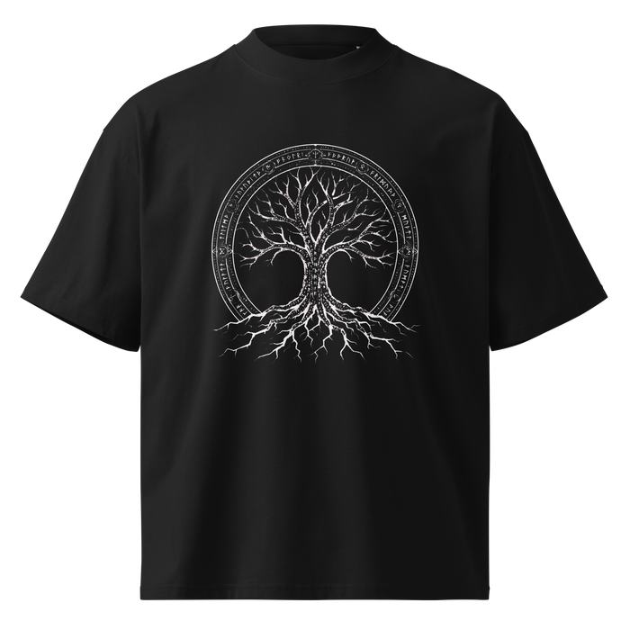Camiseta oversize Árbol del Vacío diseño rúnico en algodón orgánico estilo dark fantasy minimalista.