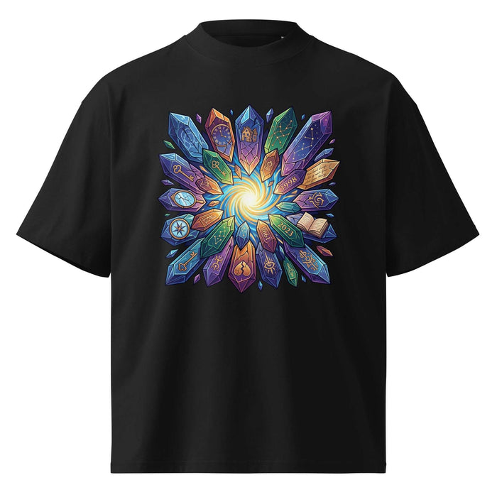 Organic oversized tee with vibrant Crystal Nexus cosmic crystal design on dark background