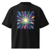 Organic oversized tee with vibrant Crystal Nexus cosmic crystal design on dark background