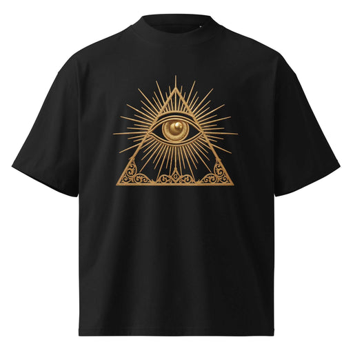 Organic oversized high neck tee featuring gold Eye of Providence symbol inside a triangle on black fabric