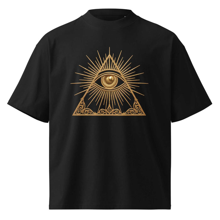 Organic oversized high neck tee featuring gold Eye of Providence symbol inside a triangle on black fabric