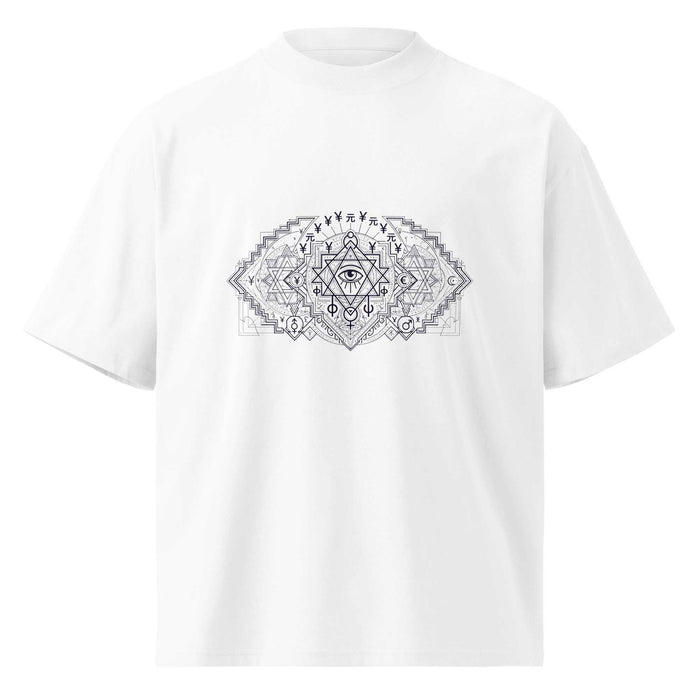 Arcane Nexus organic oversized high neck tee with sacred geometry, ancestral runes, and central eye design