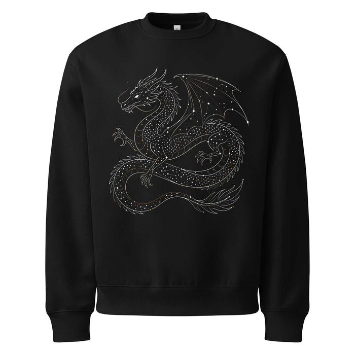 Astral Dragon oversized heavyweight sweatshirt with minimalist celestial dragon design on dark background