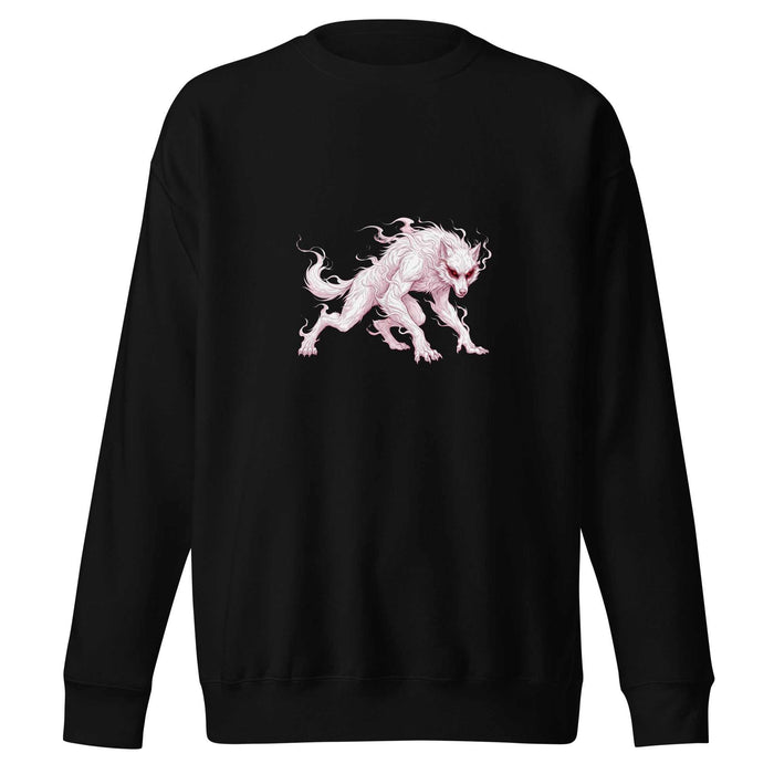 Phantom Beast sweatshirt with spectral creature design on black background, soft fleece interior, and dark fantasy streetwear style