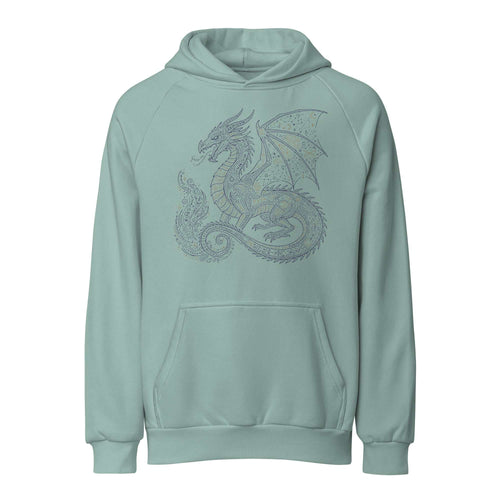 Black heavyweight hoodie with elegant celestial dragon design and clean fantasy streetwear style