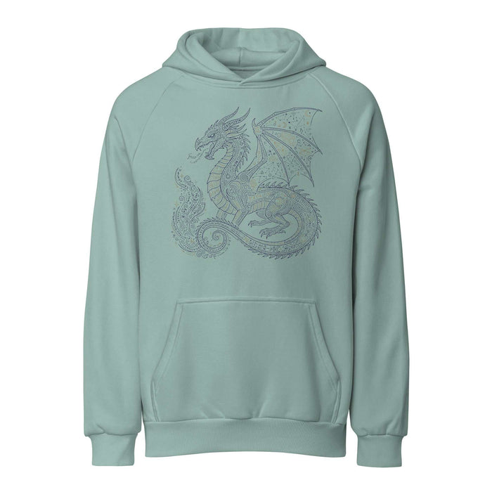 Black heavyweight hoodie with elegant celestial dragon design and clean fantasy streetwear style
