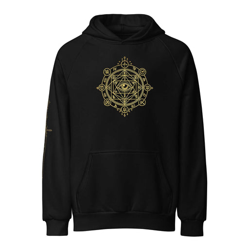 Black hoodie with golden Eye of Ascension design featuring ancient ancestral eye and alchemical symbols