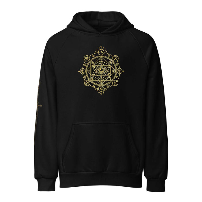 Black hoodie with golden Eye of Ascension design featuring ancient ancestral eye and alchemical symbols