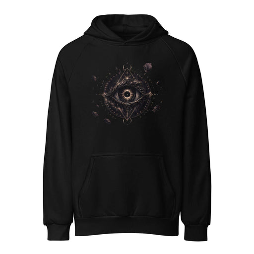 Oracle of the Abyss heavyweight hoodie featuring a celestial eye, ancient runes, and sacred geometry in darkwear street style