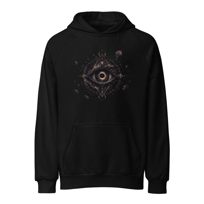 Oracle of the Abyss heavyweight hoodie featuring a celestial eye, ancient runes, and sacred geometry in darkwear street style